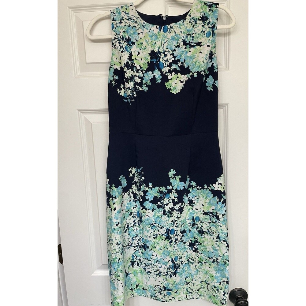 New York & Company Navy Floral Round Neck Sleeveless Sheath Work Dress 2